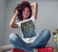 T-Shirt for Women with Geometric Picture, Front while sitting