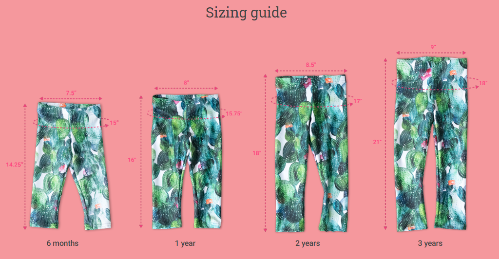 Baby Leggings for Children with: Moon at Night, Sizing Chart
