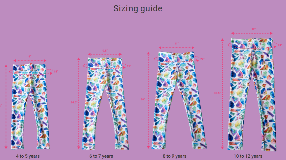 Youth Leggings for girls with: Fall Grapes Design, Sizing Chart