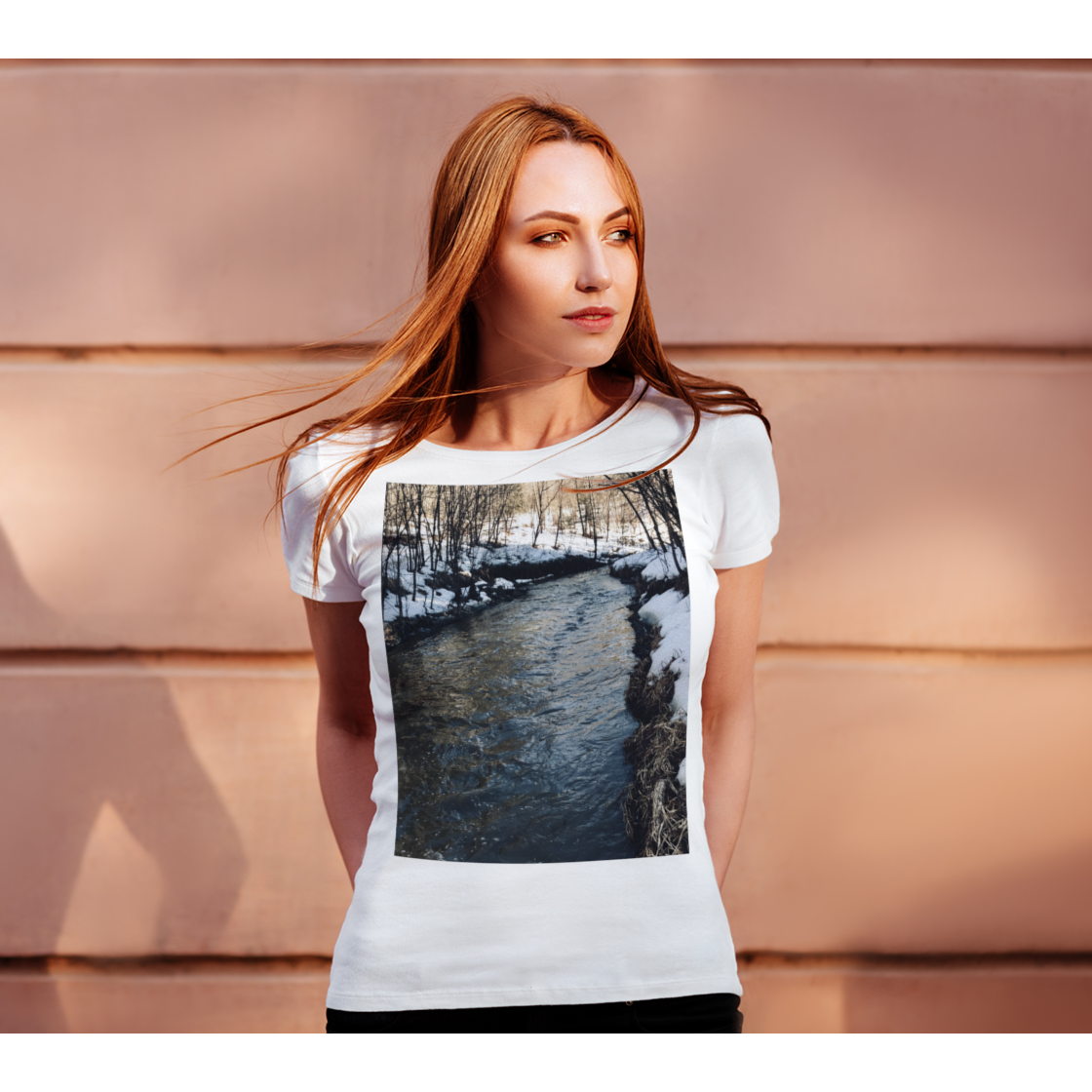 T-Shirt for Women with River Running Picture, Front