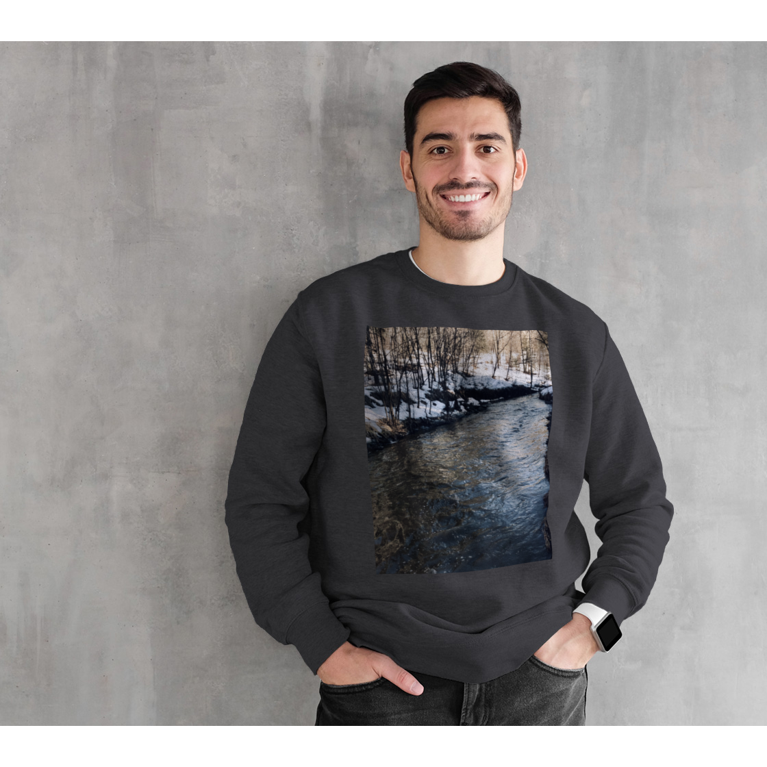 Sweatshirt for Women and Men with River Running Picture, Male Front